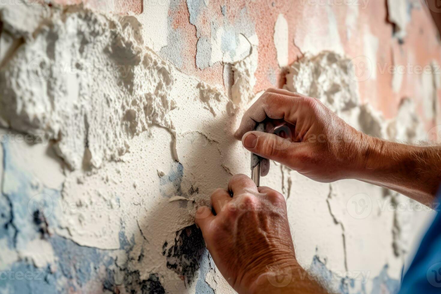 Painter preparing a wall for painting, featuring activities such as sanding, filling cracks, and applying primer, highlighting the importance of proper surface preparation. Generative Ai photo