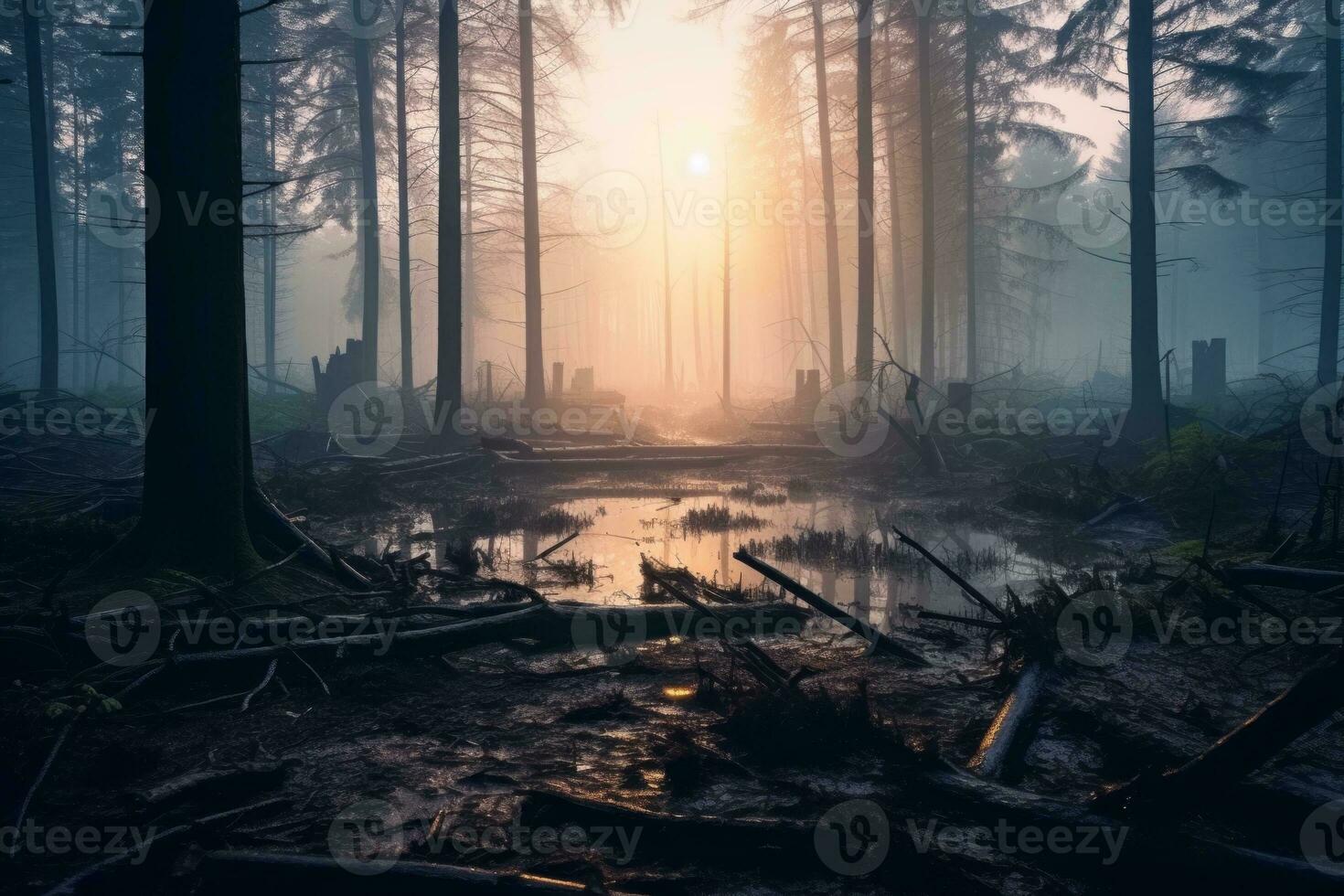 An impactful image showcasing the devastating effects of pollution on a forest landscape, with dead trees and smog-filled air. Generative Ai photo
