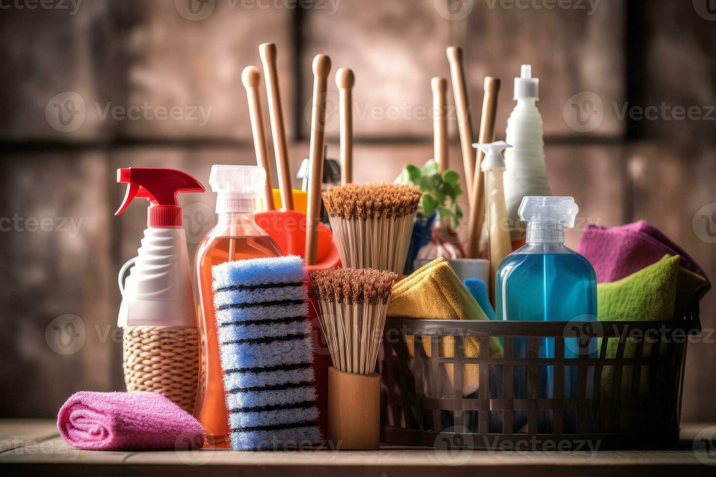Mujer sosteniendo una cesta con productos de limpieza sobre fondo de color