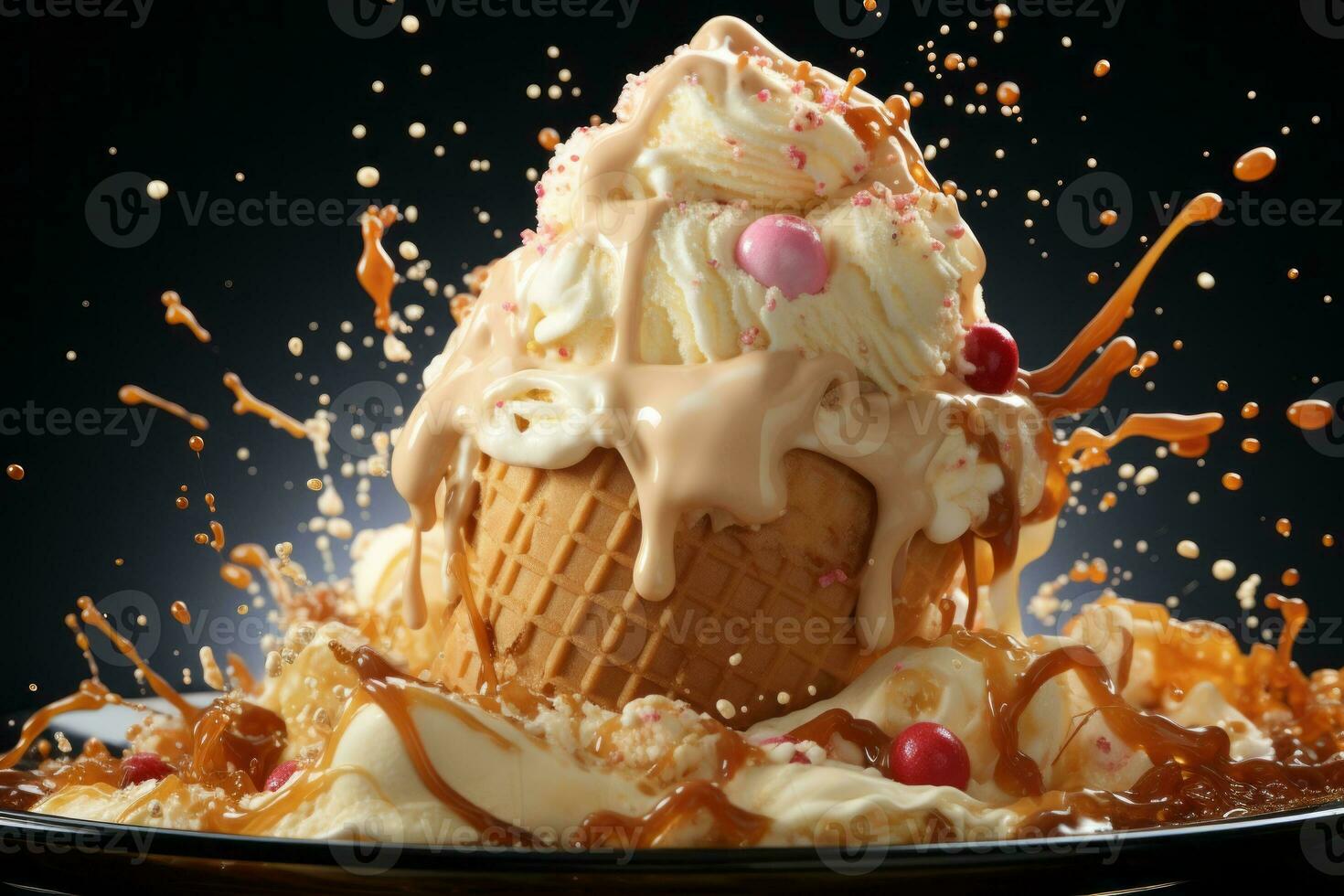 Banana Ice Cream Splashing in waffle cone. Generative AI photo