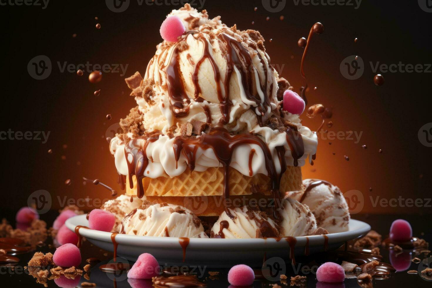 Chocolate Ice Cream Splashing in waffle cone. Generative AI photo