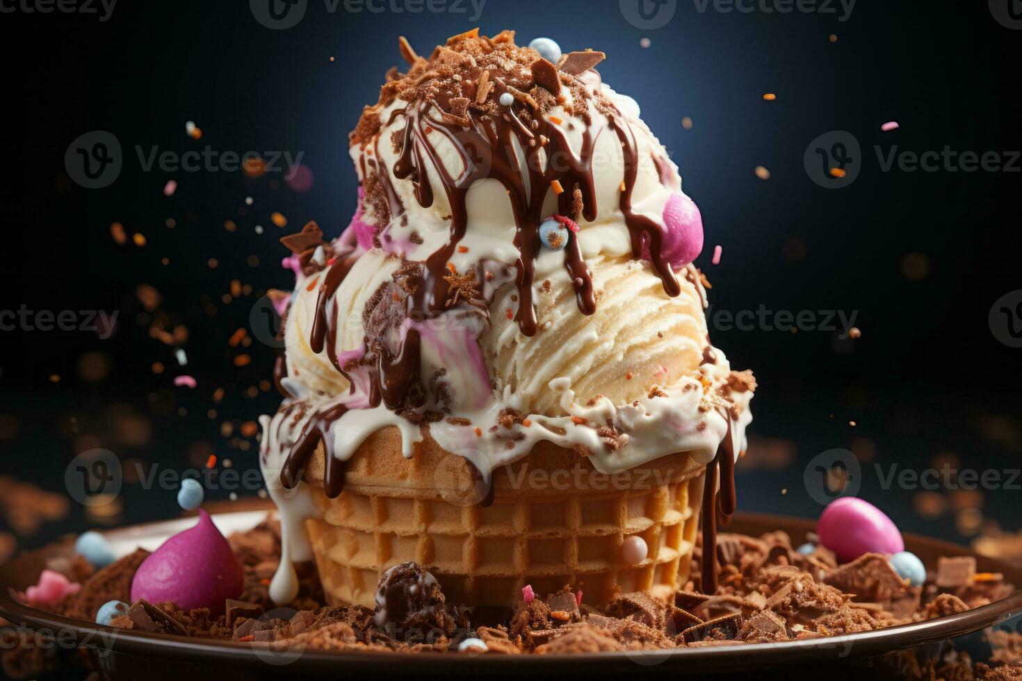 Chocolate Ice Cream Splashing in waffle cone. Generative AI photo