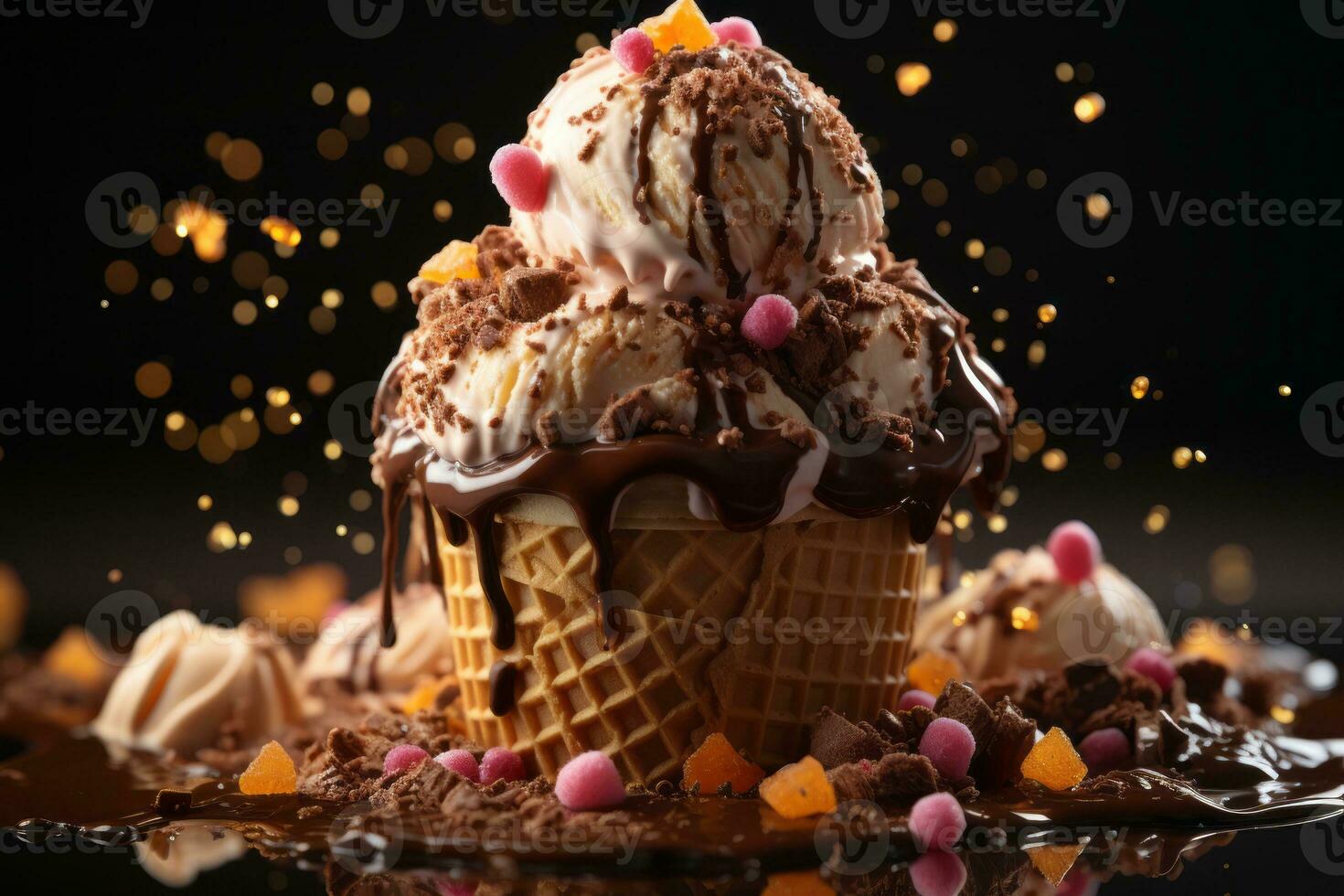 Chocolate Ice Cream Splashing in waffle cone. Generative AI photo