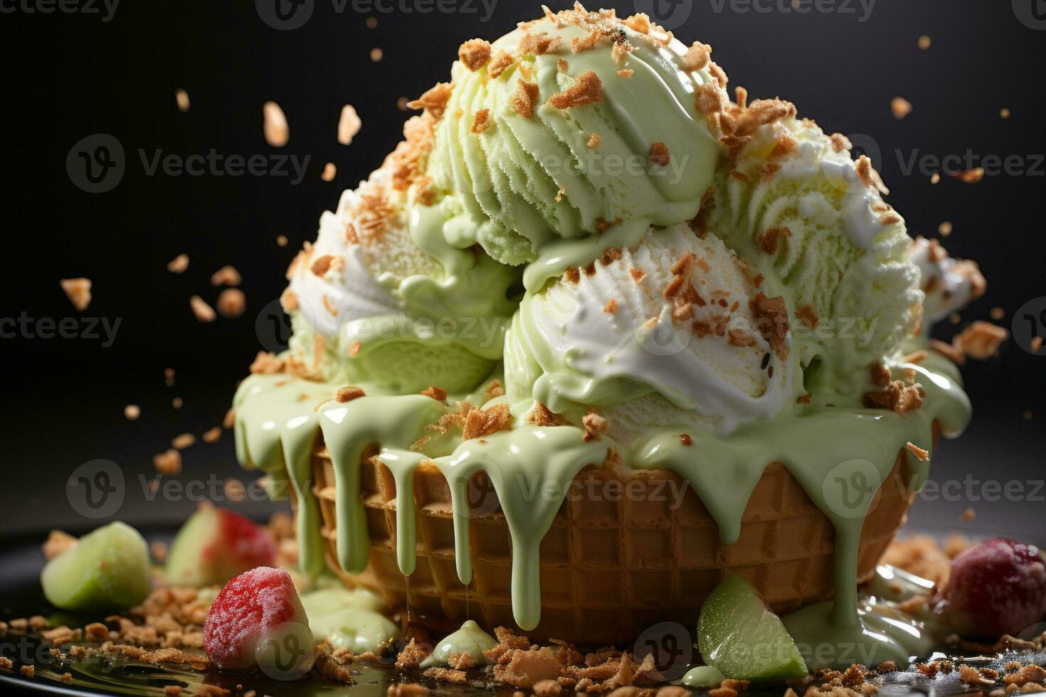 Pistachio Ice Cream Splashing in waffle cone. Generative AI photo