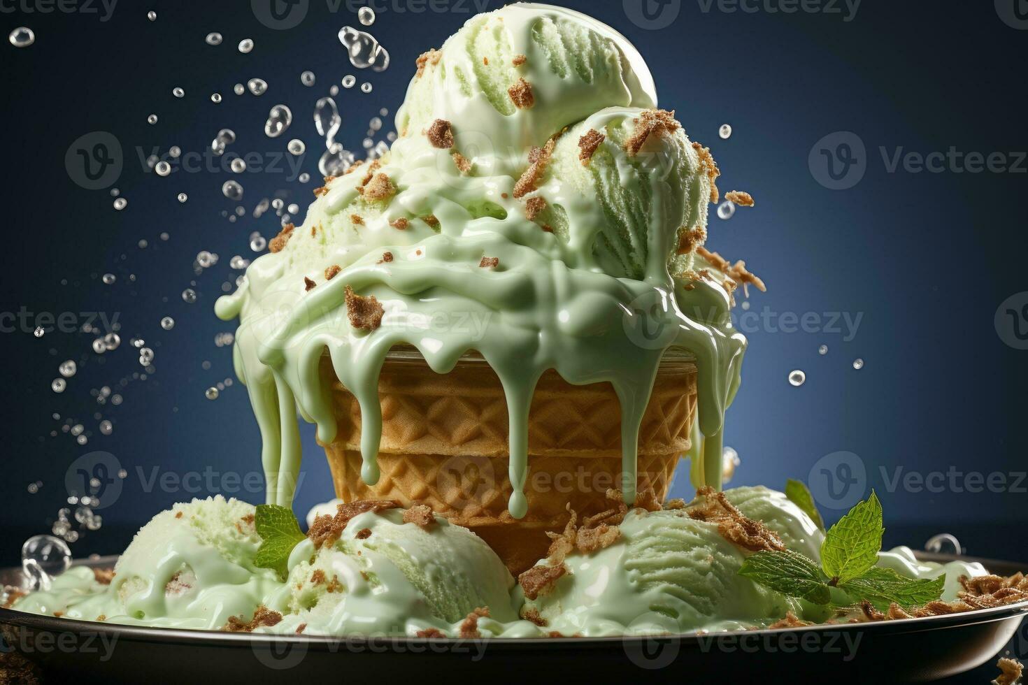 Pistachio Ice Cream Splashing in waffle cone. Generative AI photo