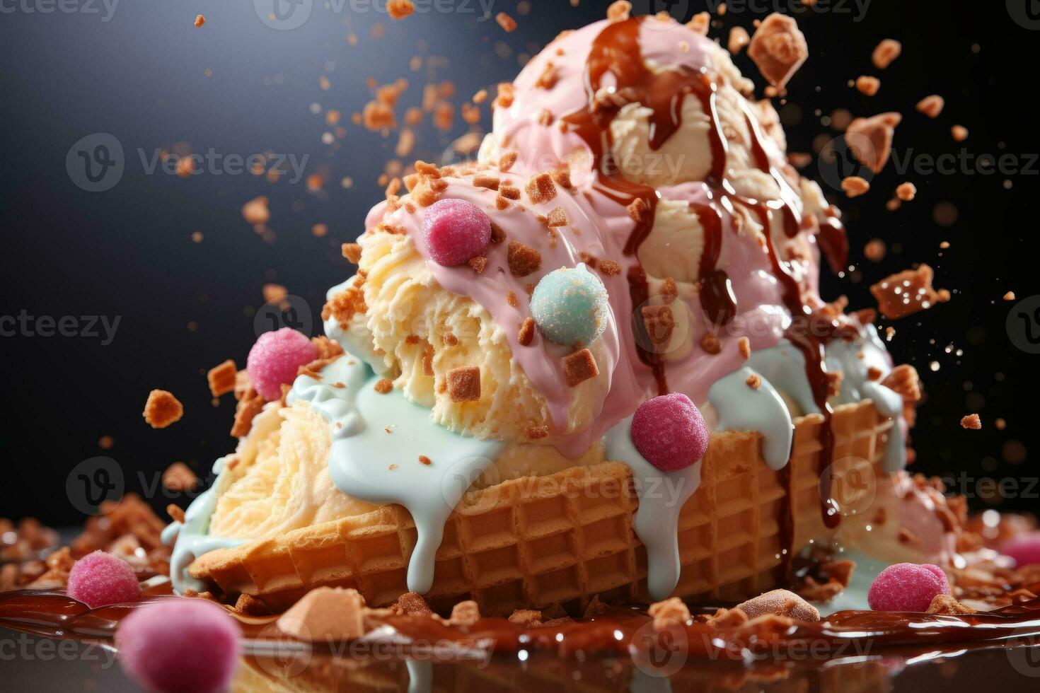 Vanilla Ice Cream Splashing in waffle cone. Generative AI photo