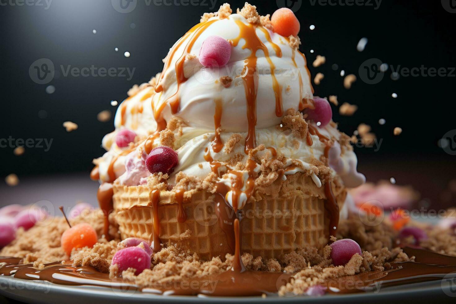 Vanilla Ice Cream Splashing in waffle cone. Generative AI photo