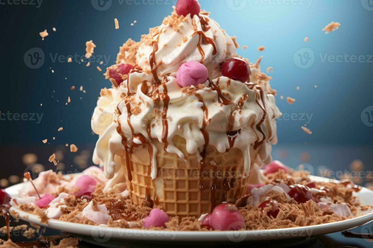 Vanilla Ice Cream Splashing in waffle cone. Generative AI photo