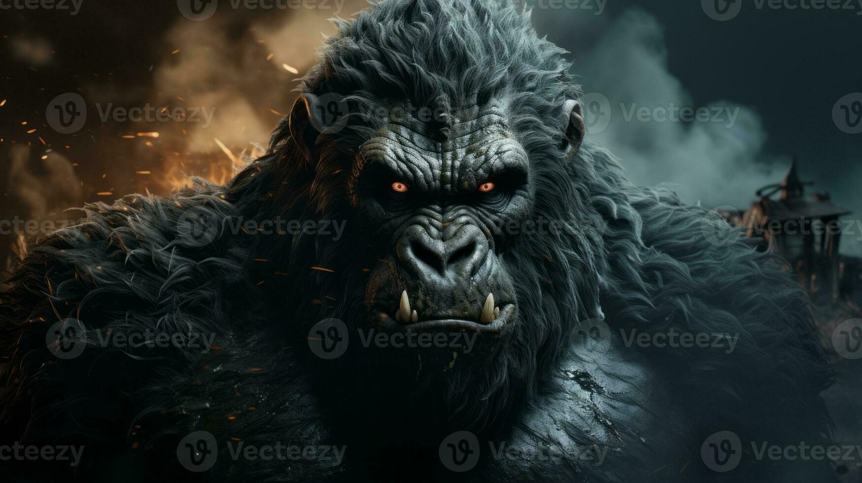 The image shows a fierce-looking gorilla in front of an intense background of flames. Image conveys a sense of danger and ferocity. Generative AI photo