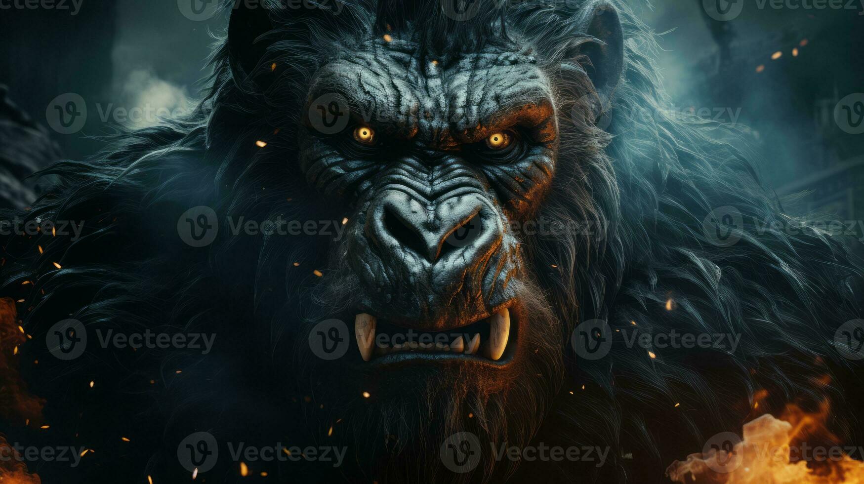 The image shows a fierce-looking gorilla in front of an intense background of flames. Image conveys a sense of danger and ferocity. Generative AI photo
