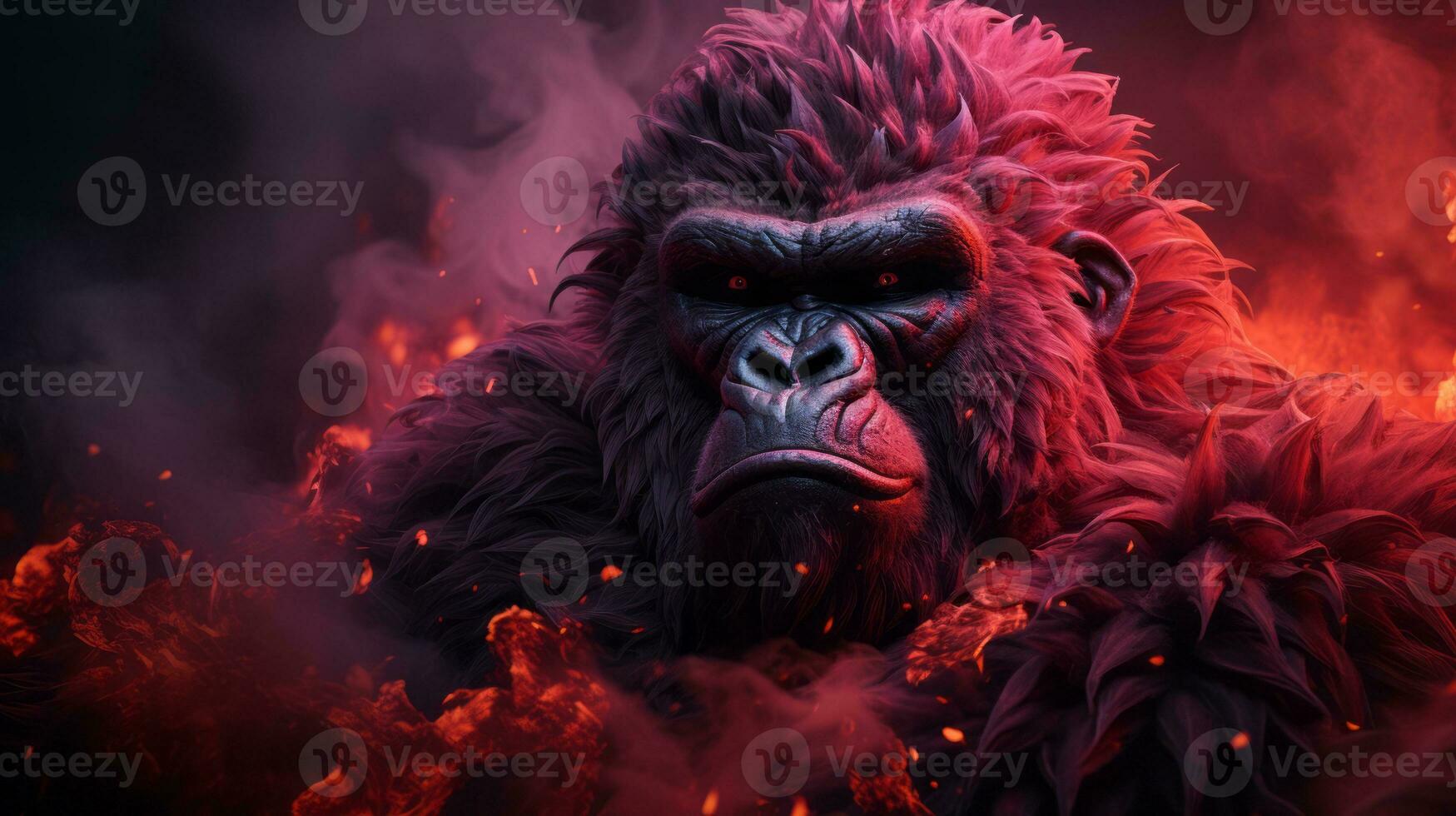 Red background with a dominant gorilla in the foreground. The gorilla has red eyes and a striking facial expression. Generative AI photo