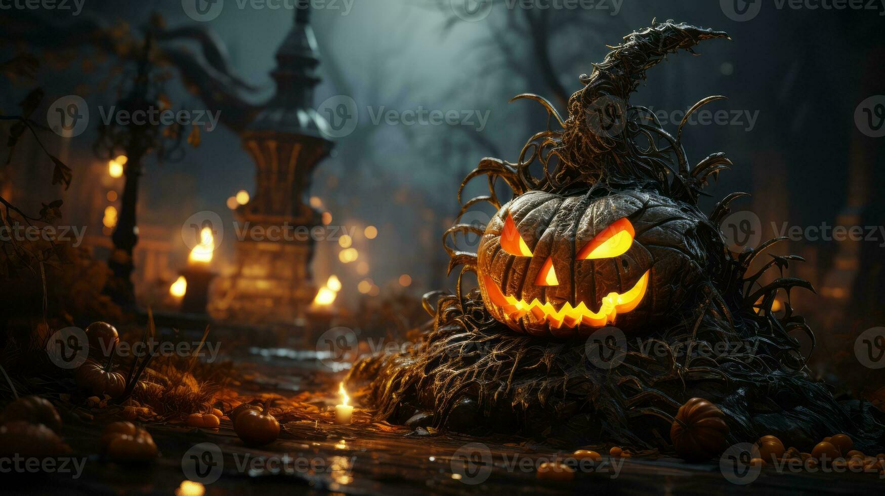 A spooky Halloween night with ominous glowing lanterns, eerie tree and sinister-looking jack-o-lanterns in front of a castle. Generative AI photo