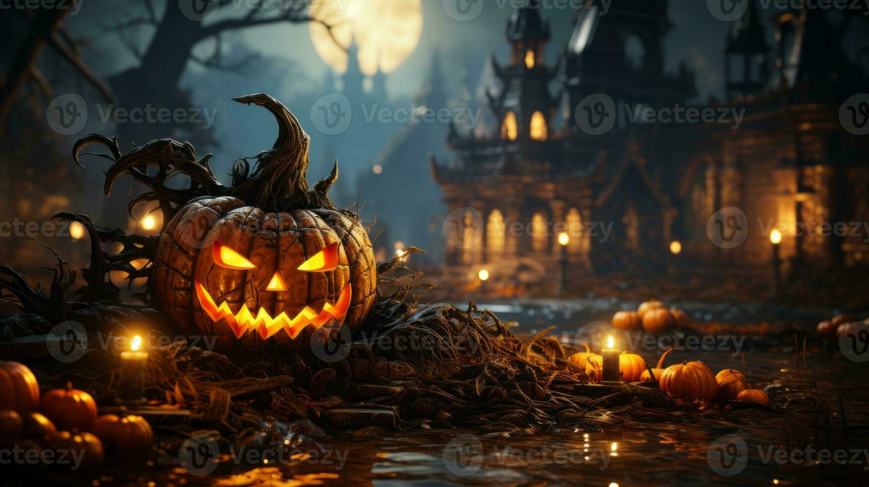 A spooky Halloween night with ominous glowing lanterns, eerie tree and sinister-looking jack-o-lanterns in front of a castle. Generative AI photo