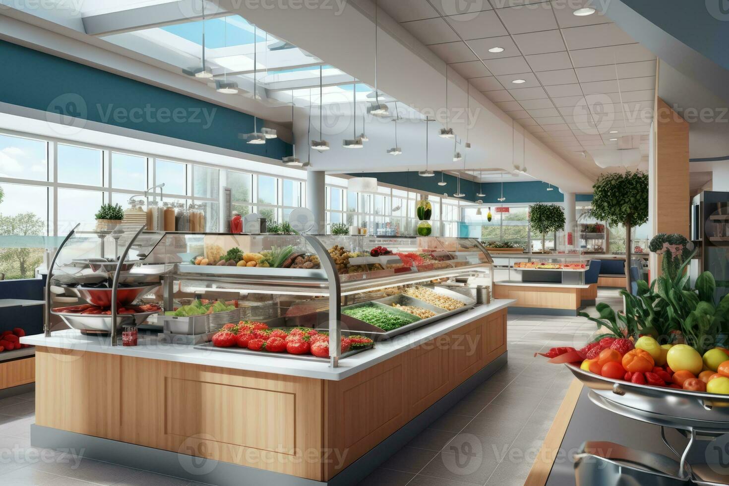 Clean and inviting hospital cafeteria with a variety of nutritious food options, promoting the importance of healthy eating and well-being within healthcare settings. Generative Ai photo
