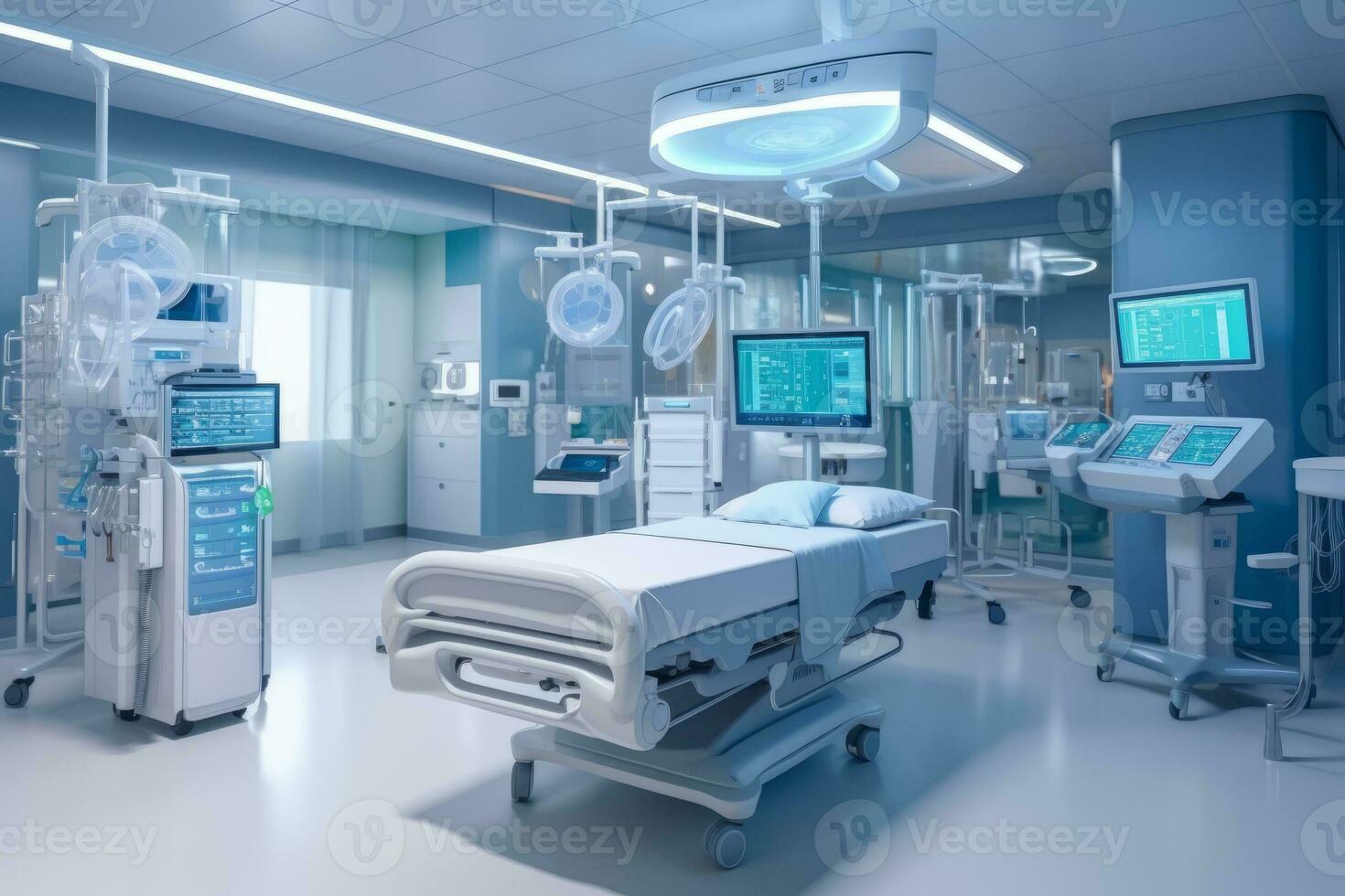 Image showcasing a well-organized and technologically advanced intensive care unit ICU with specialized equipment, emphasizing the importance of critical care and patient monitoring. Generative AI photo