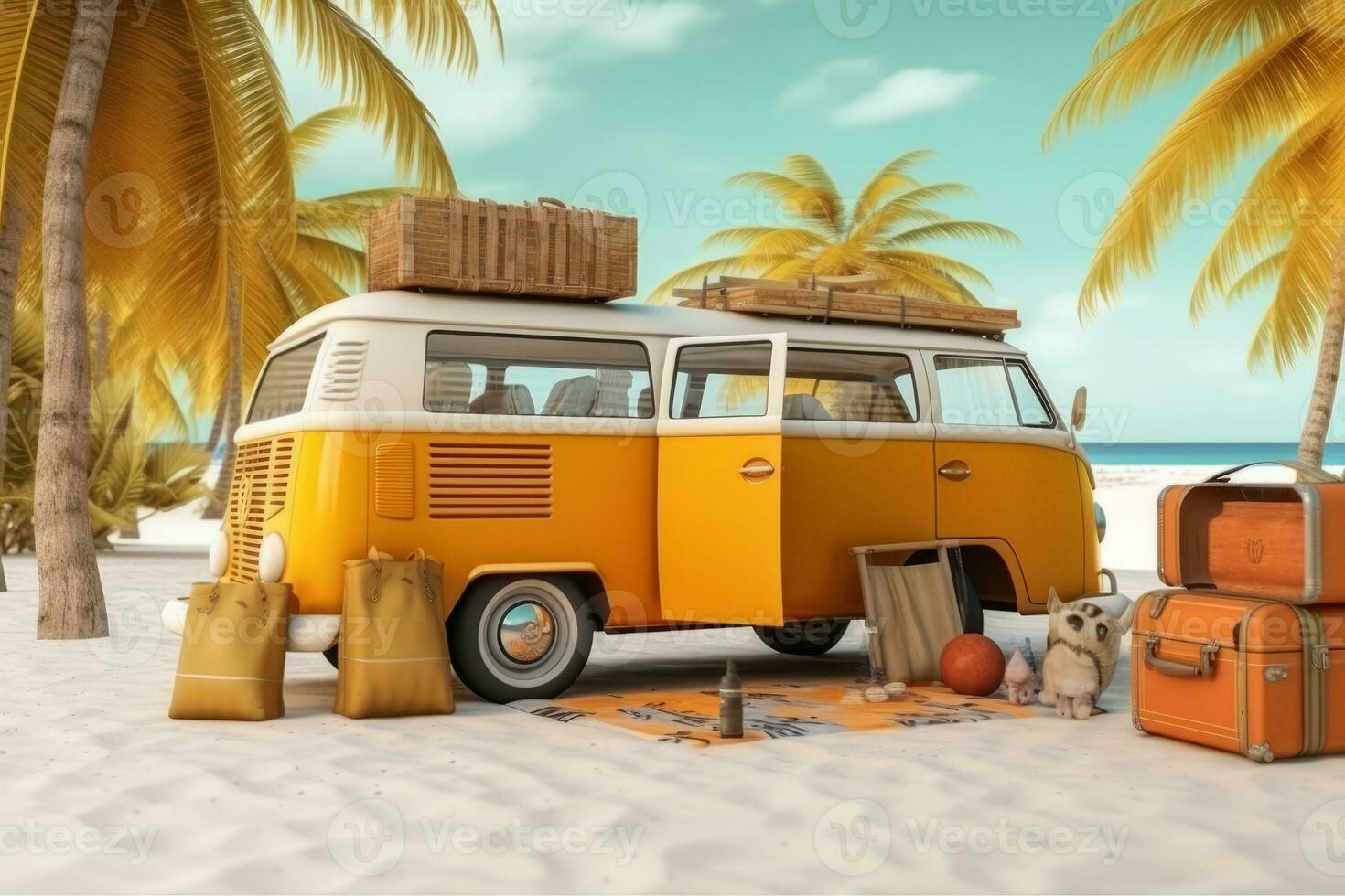 Yellow car van with luggage for summer holidays on white sand beach with palms and sea. Generative Ai photo