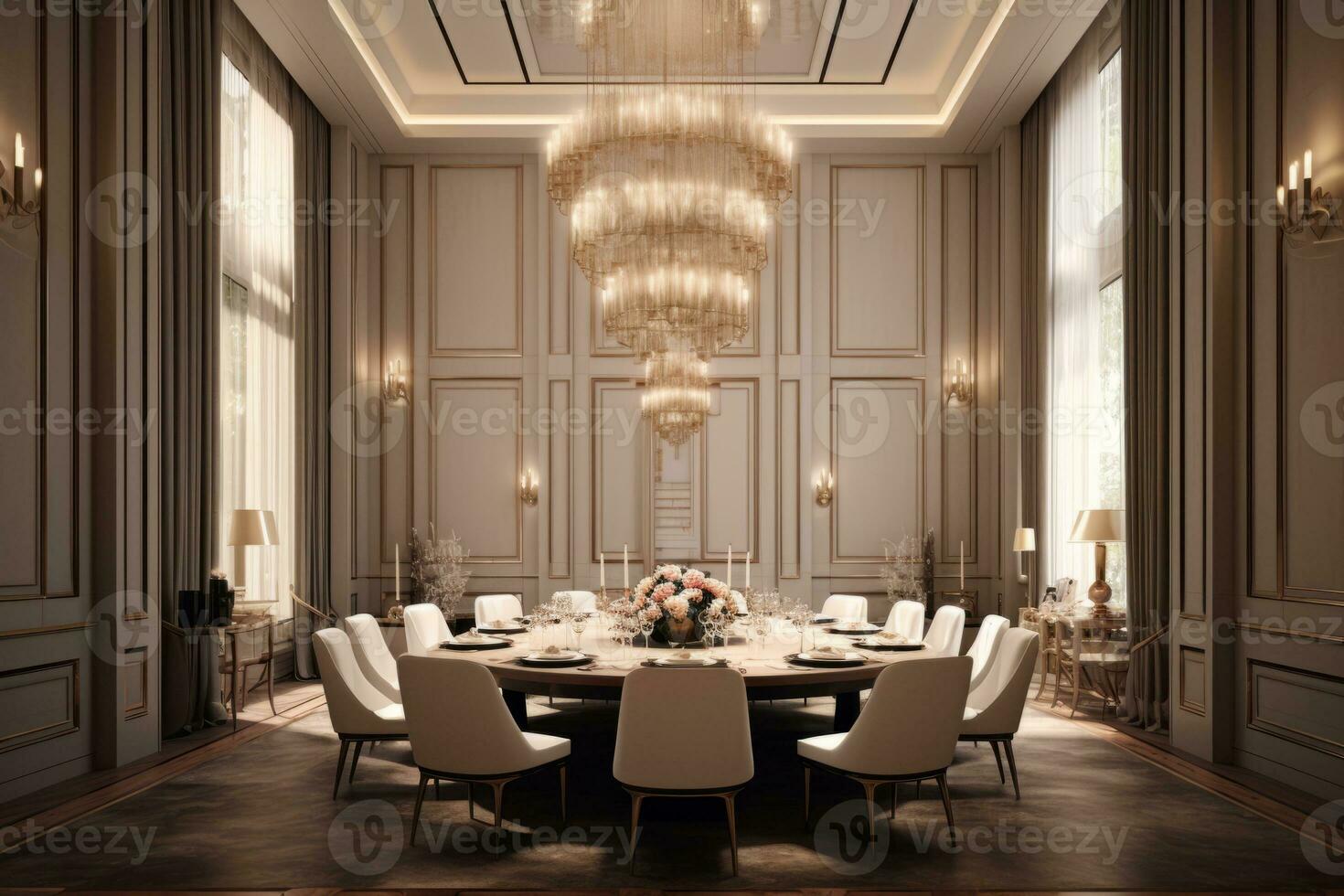 Glamorous dining room in a luxury residence, featuring a large dining table, exquisite lighting fixtures, and stylish decor. Generative Ai photo