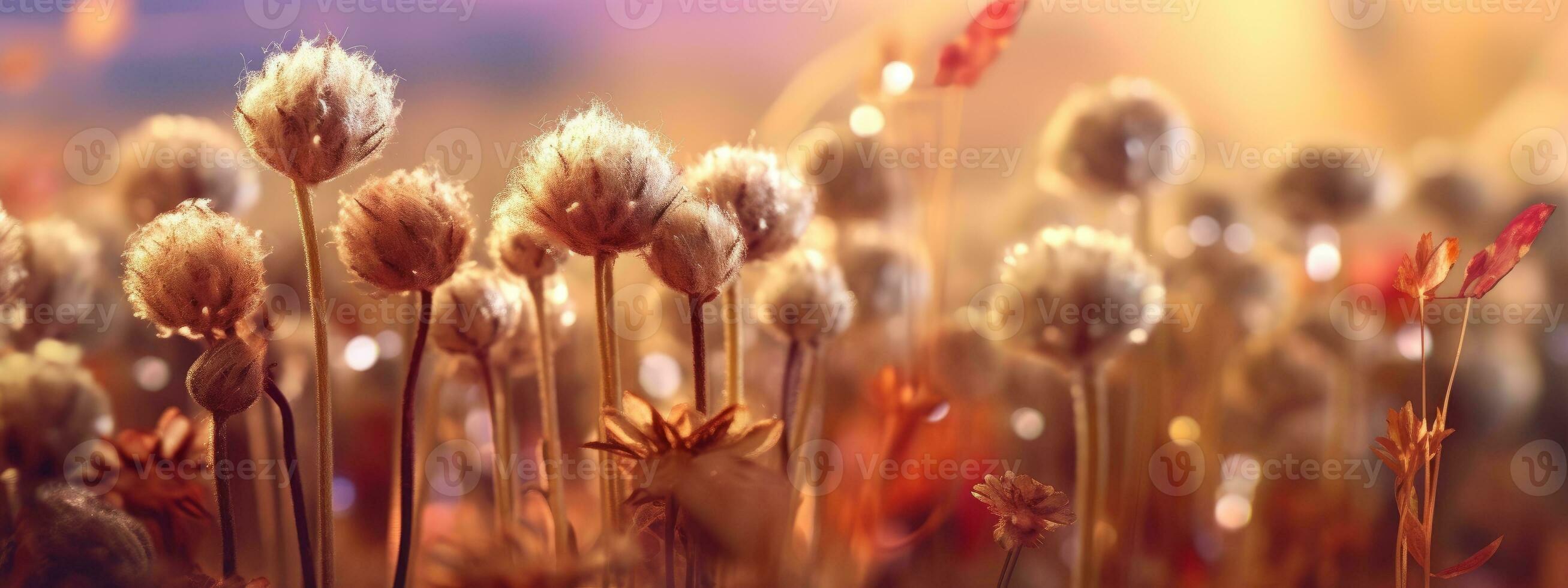 A banner featuring a close-up of a group of dried flowers, with a blurred, dreamlike background that creates a sense of otherworldliness. Generative AI photo