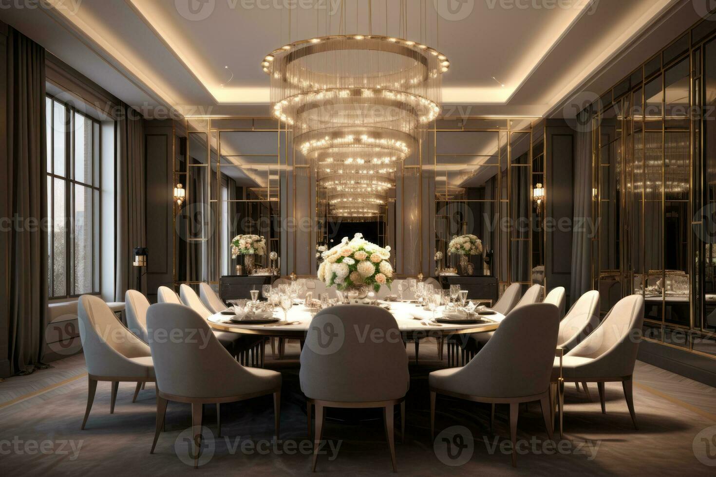 Glamorous dining room in a luxury residence, featuring a large dining table, exquisite lighting fixtures, and stylish decor. Generative Ai photo