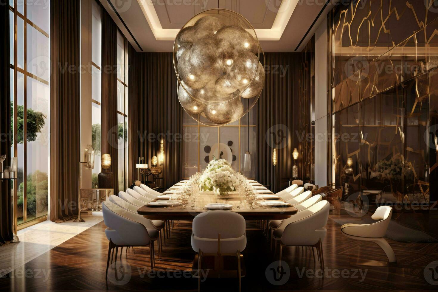 Glamorous dining room in a luxury residence, featuring a large dining table, exquisite lighting fixtures, and stylish decor. Generative Ai photo