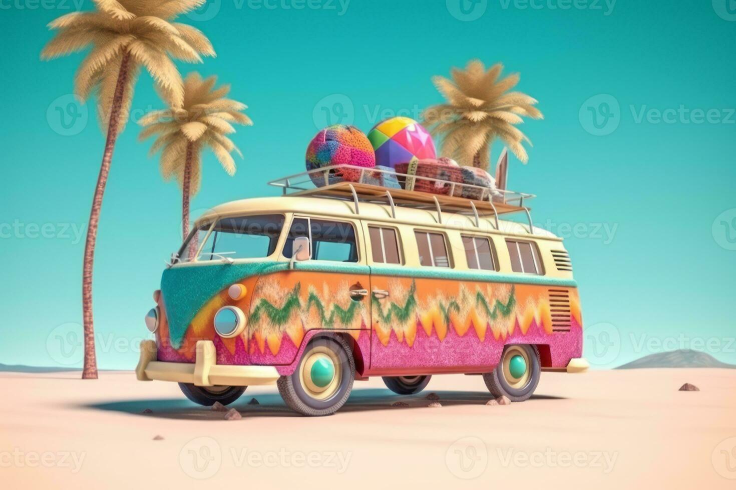 Hippie pattern colored car van for summer holidays near white sand beach with palms and sea. Generative Ai photo