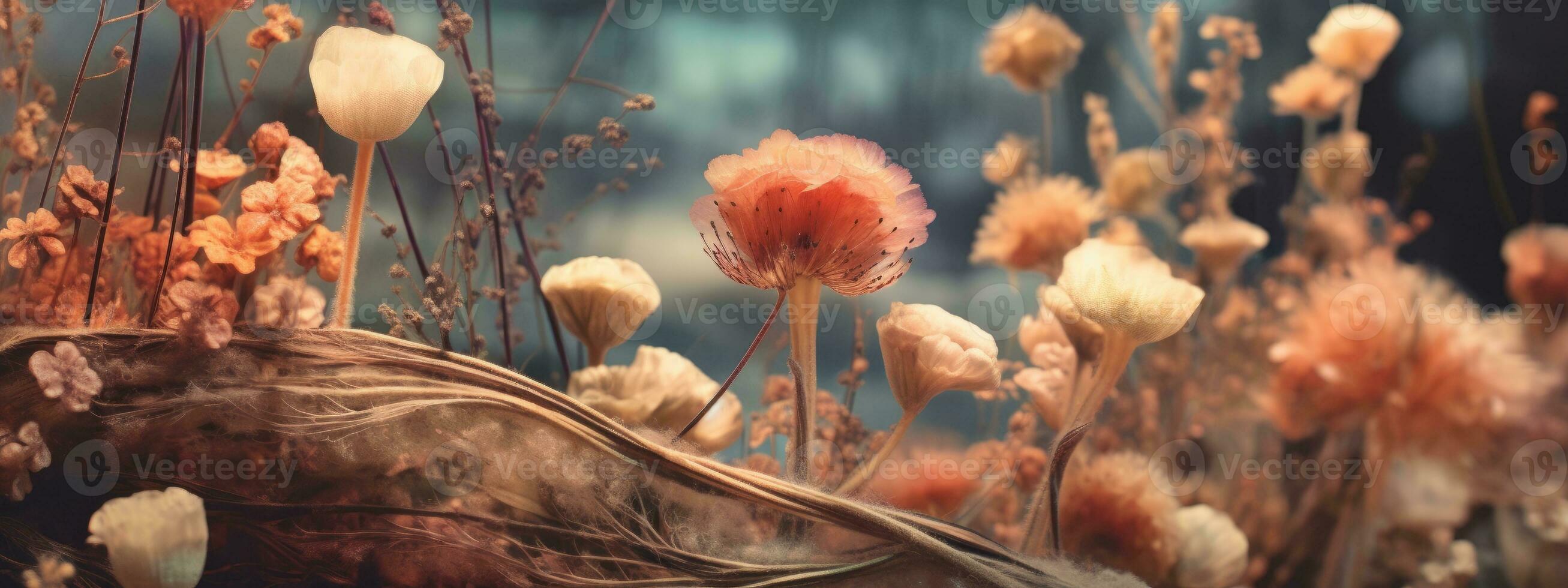 A banner featuring a close-up of a group of dried flowers, with a blurred, dreamlike background that creates a sense of otherworldliness. Generative AI photo