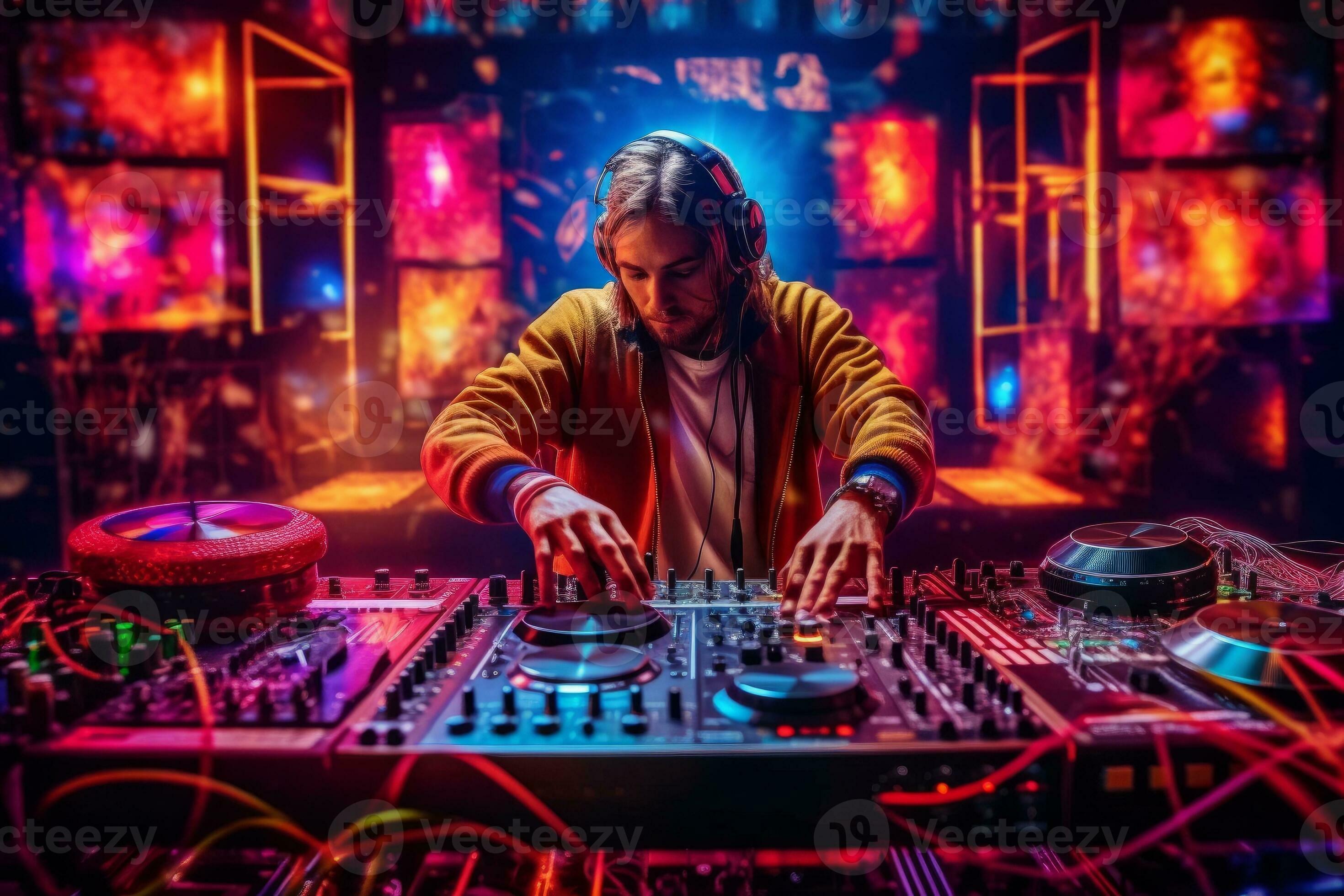 A DJ mixing music on a vintage DJ setup, complete with turntables