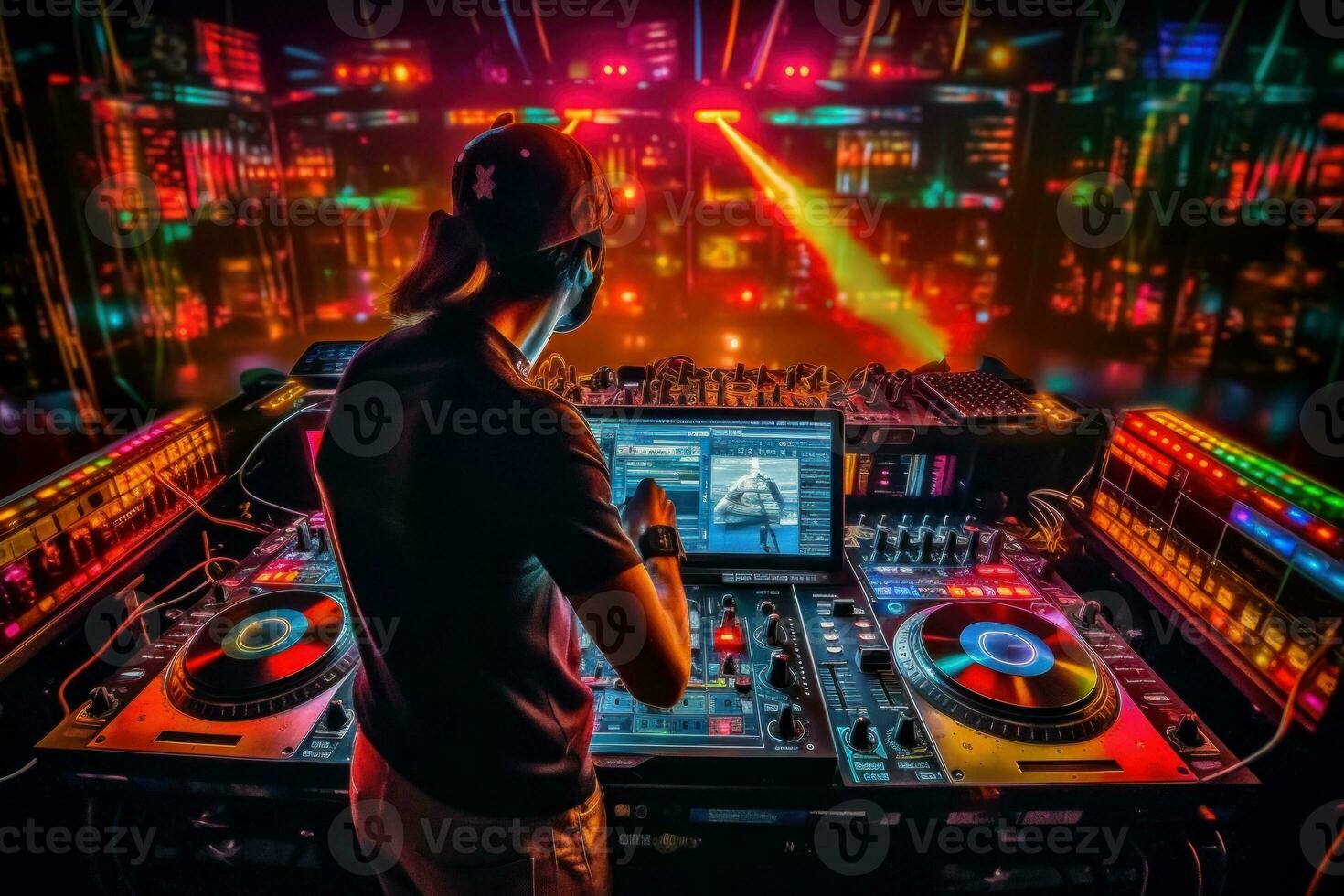 A DJ mixing music on a vintage DJ setup, complete with turntables, mixers, and colorful disco lights, capturing the energetic atmosphere of eighties parties. Generative AI photo