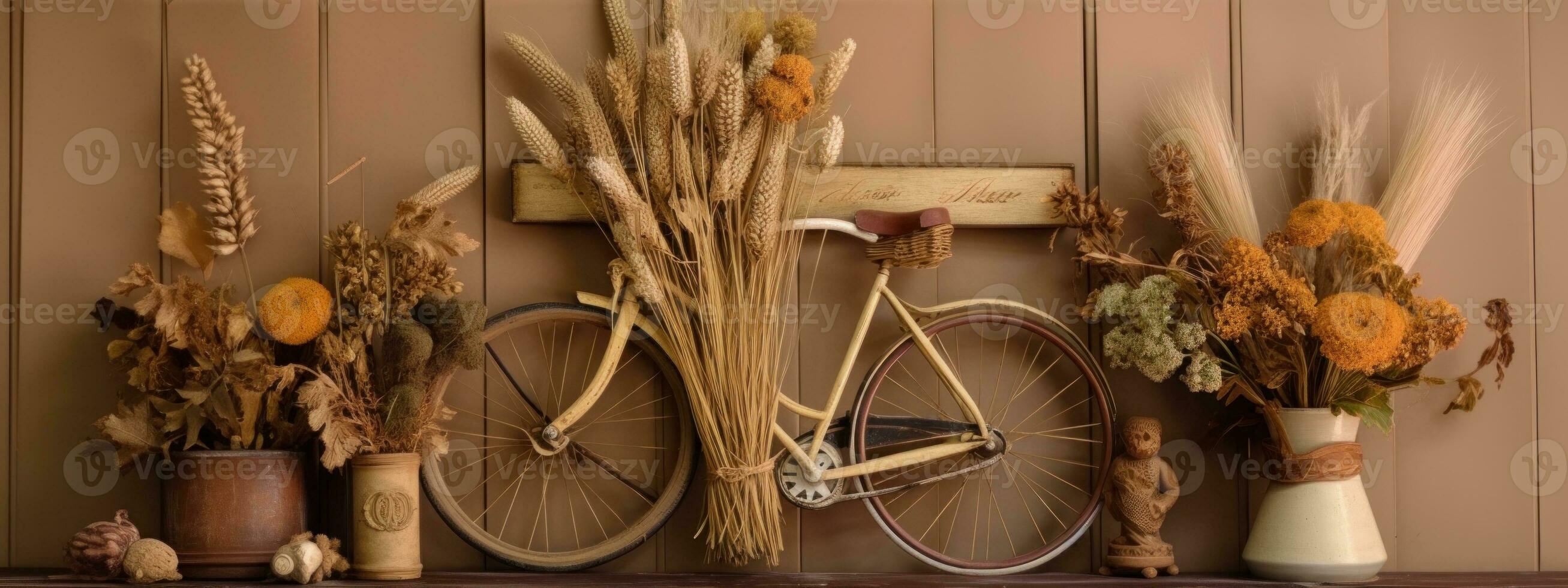A banner featuring a single dried flower in a unique or unexpected setting, such as a bookshelf, desk, or bicycle basket, that adds interest and curiosity. Generative AI photo