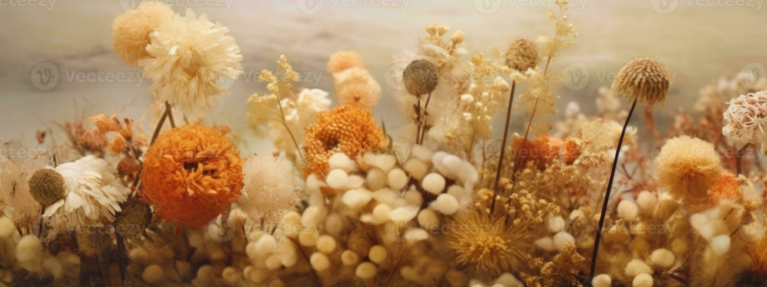 A banner featuring a close-up of a group of dried flowers, with a blurred, dreamlike background that creates a sense of otherworldliness. Generative AI photo