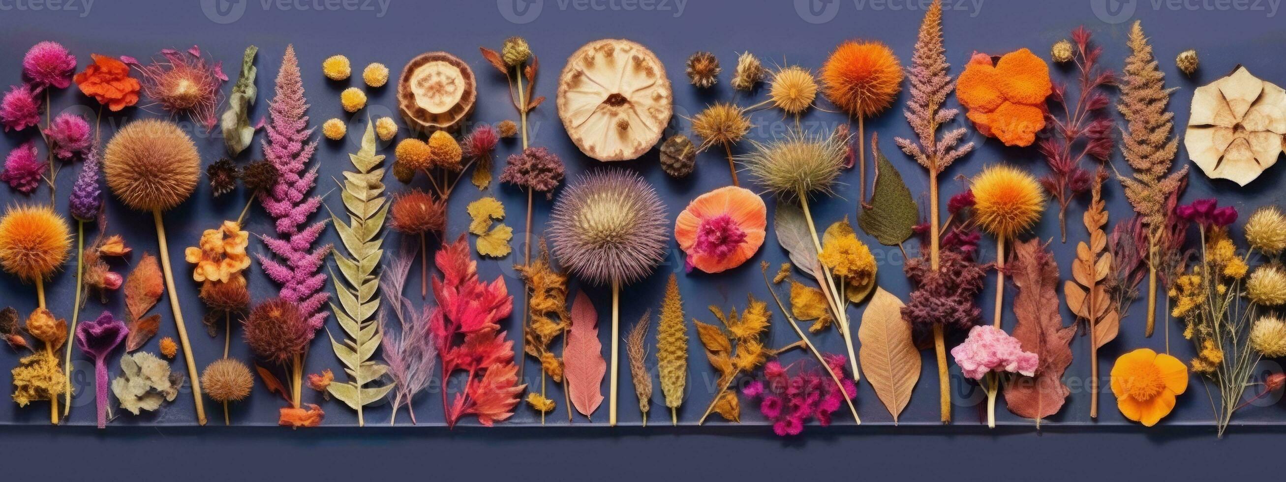 A banner featuring a collection of dried flowers arranged in a geometric, modern pattern, with bright, vibrant colors that add energy and excitement. Generative AI photo