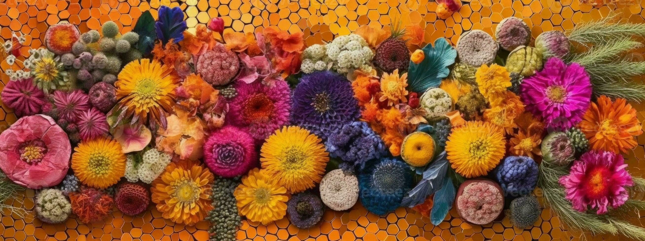 A banner featuring a collection of dried flowers arranged in a geometric, modern pattern, with bright, vibrant colors that add energy and excitement. Generative AI photo