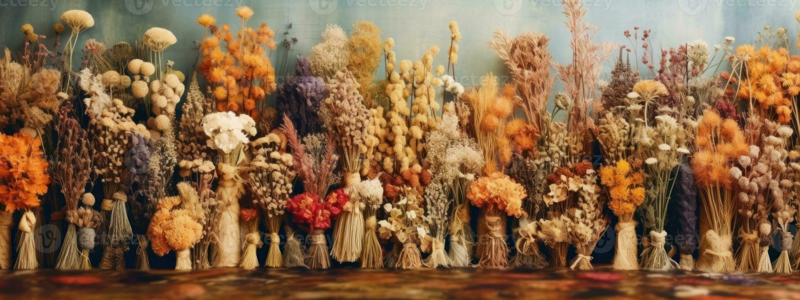 A banner featuring a collection of dried flowers arranged in a wild, organic manner, with a blurred background that gives the impression of being surrounded by nature. Generative AI photo