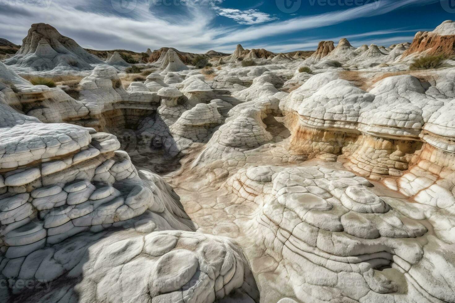 A captivating shot of the White Pocket rock formation in the National Park, with its stunning white sandstone and intricate patterns. Generative AI. photo