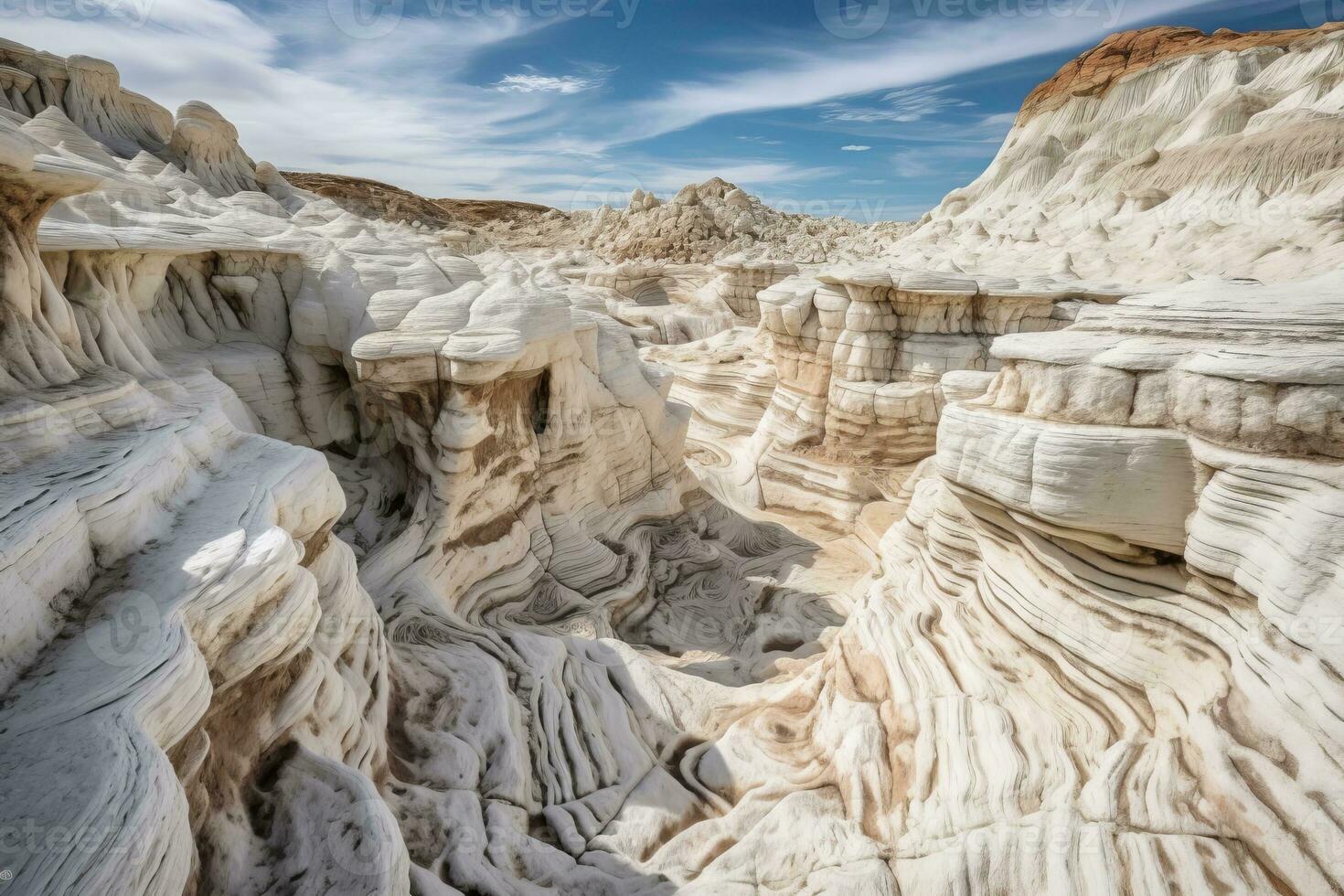 A captivating shot of the White Pocket rock formation in the National Park, with its stunning white sandstone and intricate patterns. Generative AI. photo
