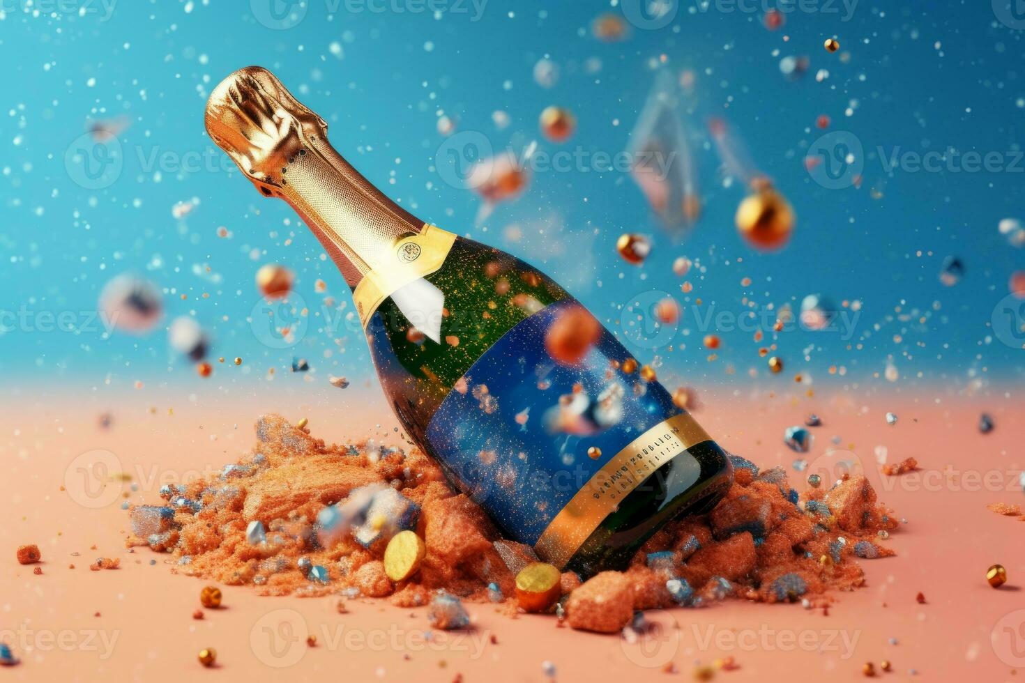 A close-up of a champagne bottle with a cork popping out, with bubbles and confetti flying around it. Generative AI photo