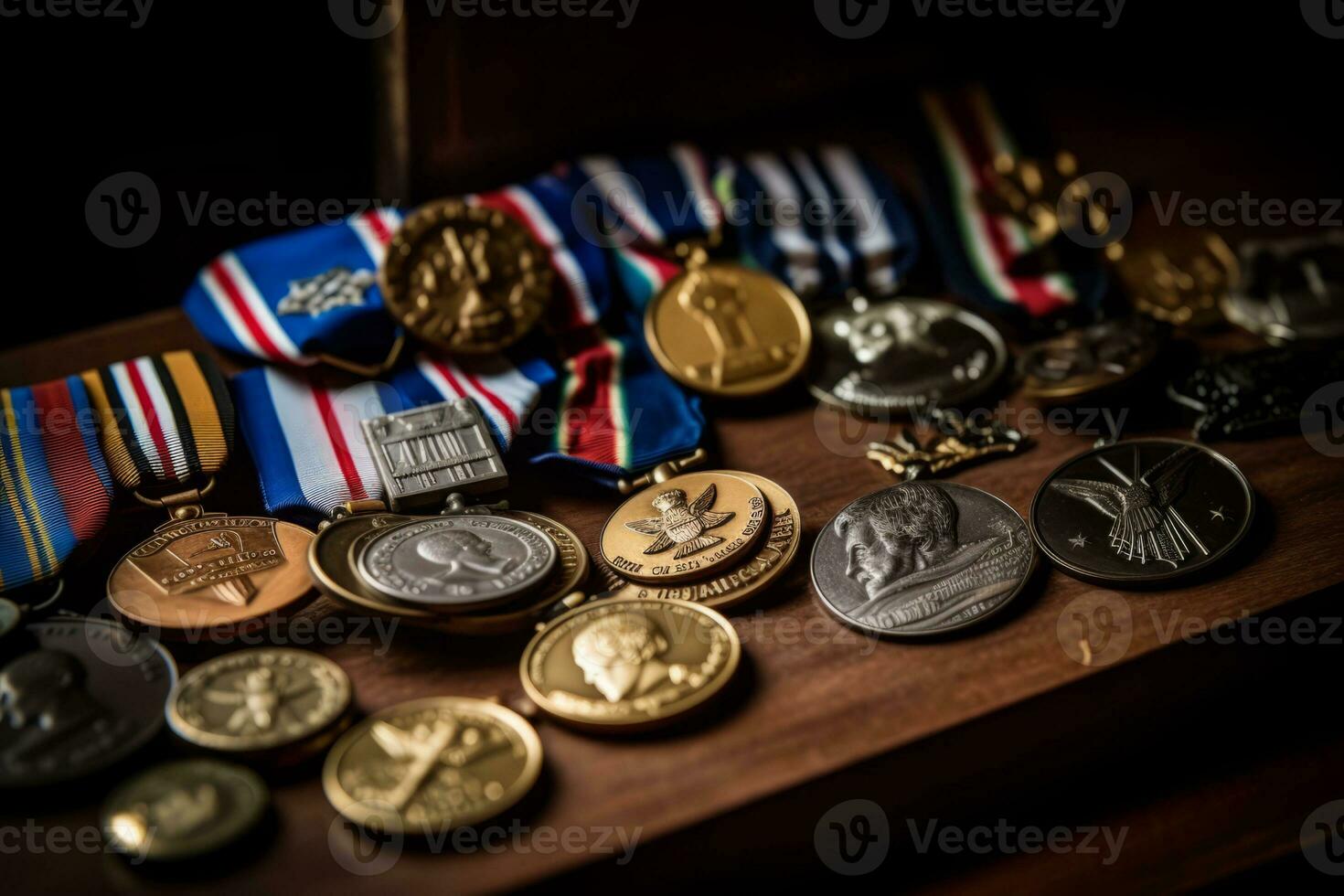 A close-up of a veteran's military medals and decorations, displayed with pride and honor, showcasing their achievements and service. Generative Ai photo