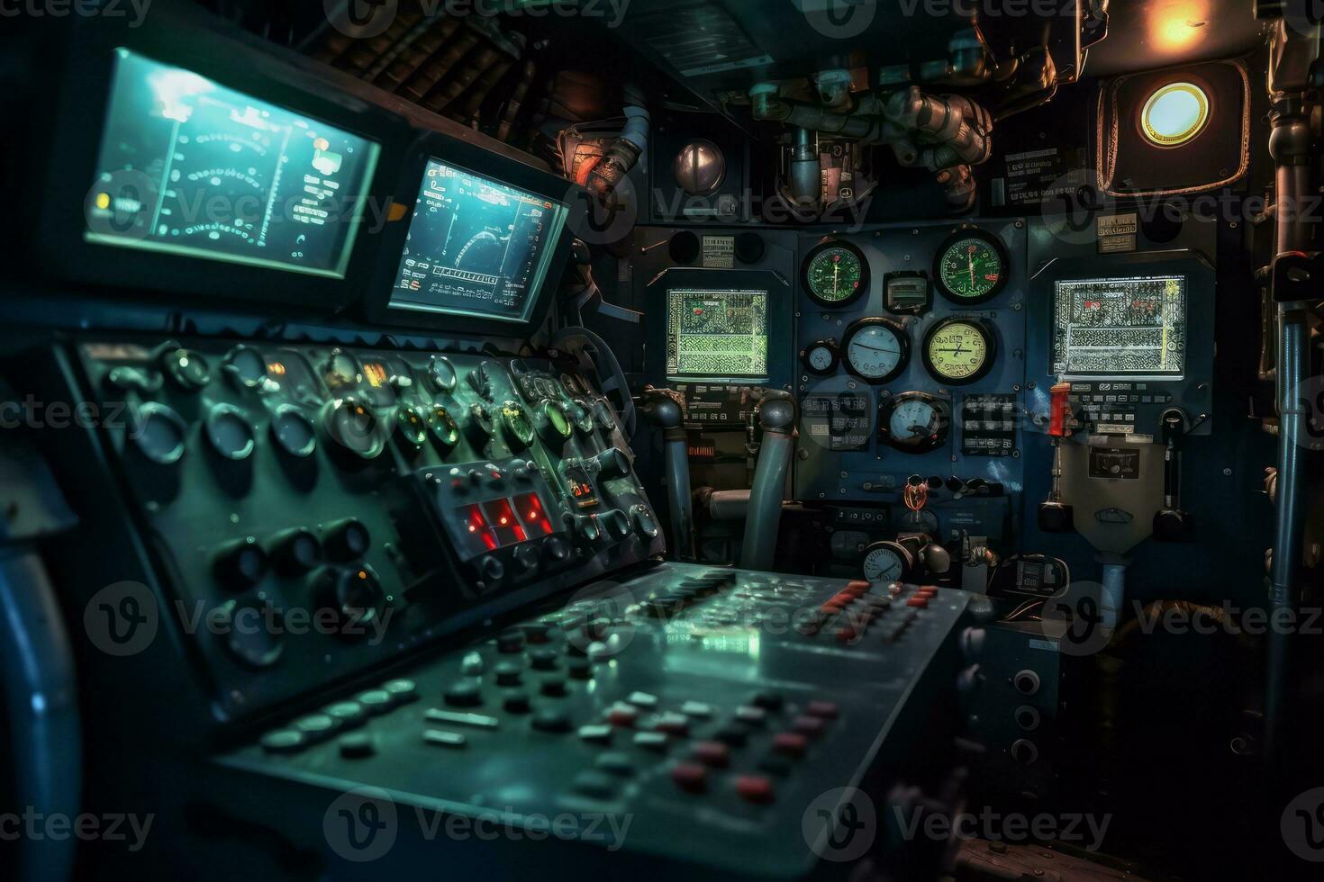 A close-up image of the control panel inside a submarine's command center, with illuminated buttons and displays, capturing the high-tech and sophisticated nature of the vessel. Generative AI photo