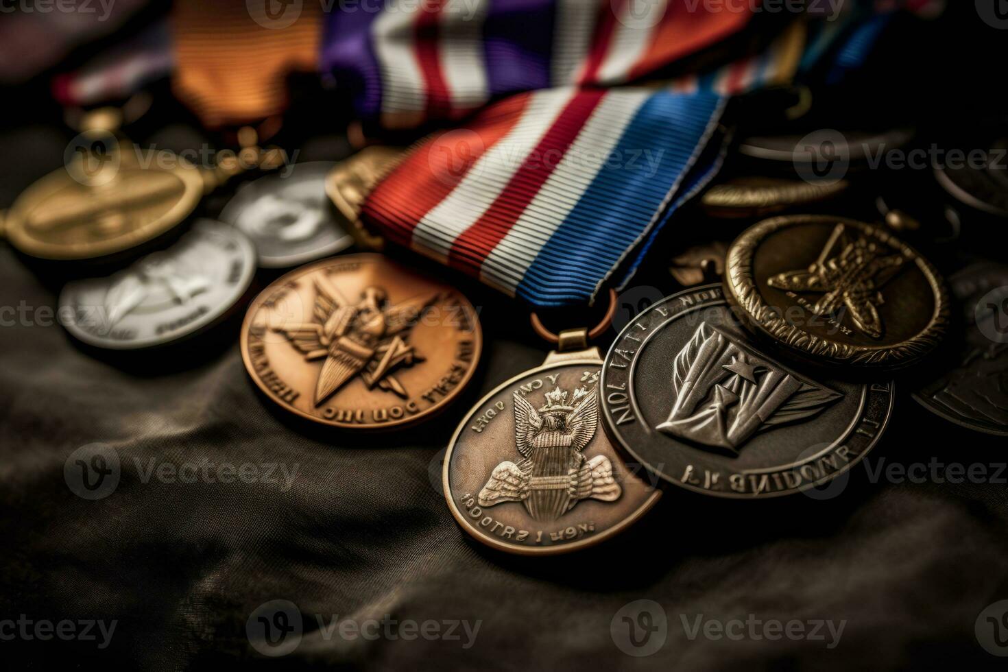 A close-up of a veteran's military medals and decorations, displayed with pride and honor, showcasing their achievements and service. Generative Ai photo