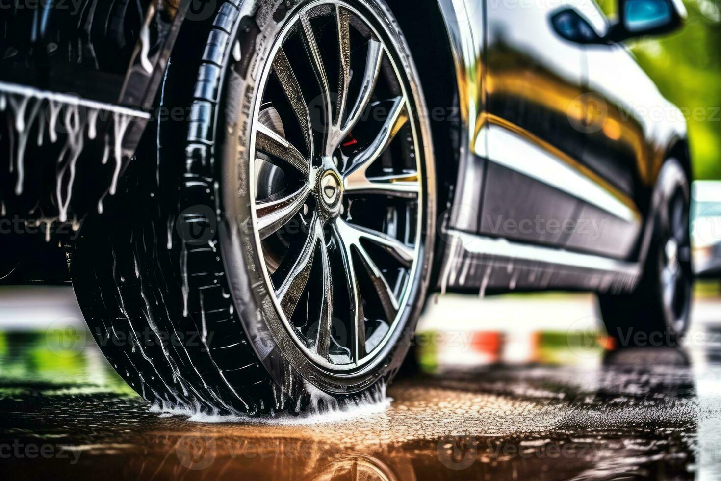 A close-up of a car tire being carefully cleaned and dressed by a detailer, showcasing the attention given to every aspect of the car during the wash. Generative AI photo