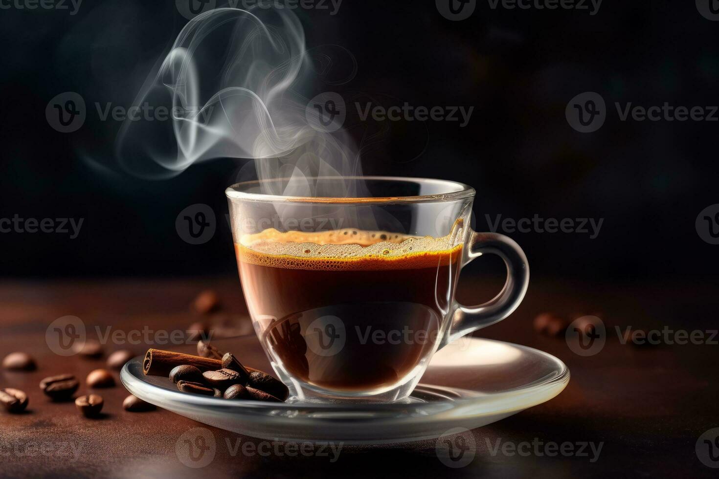 A close-up shot of a freshly brewed espresso, with steam rising from the cup, set against a dark background to showcase the rich color of the coffee. Generative AI photo