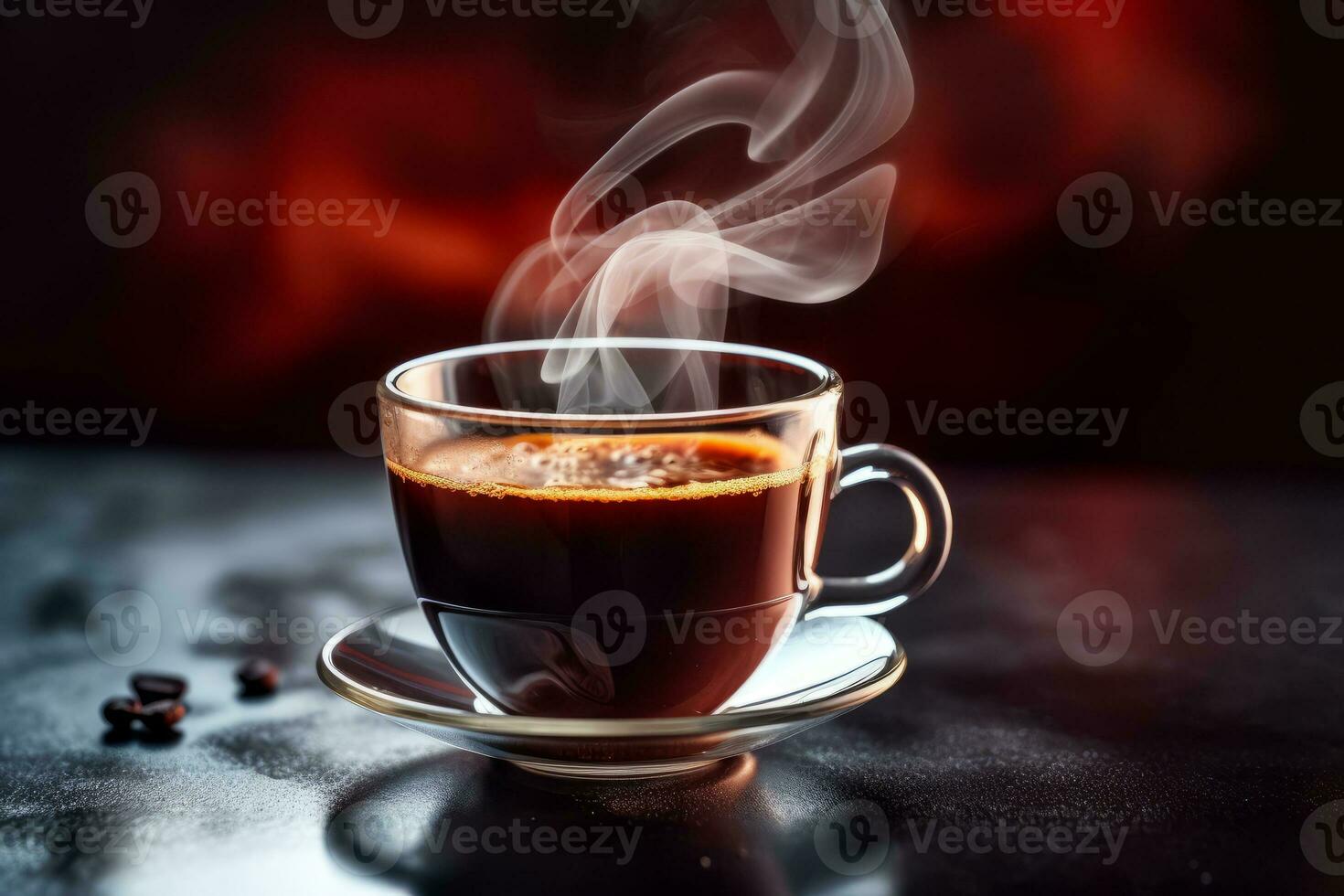 A close-up shot of a freshly brewed espresso, with steam rising from the cup, set against a dark background to showcase the rich color of the coffee. Generative AI photo