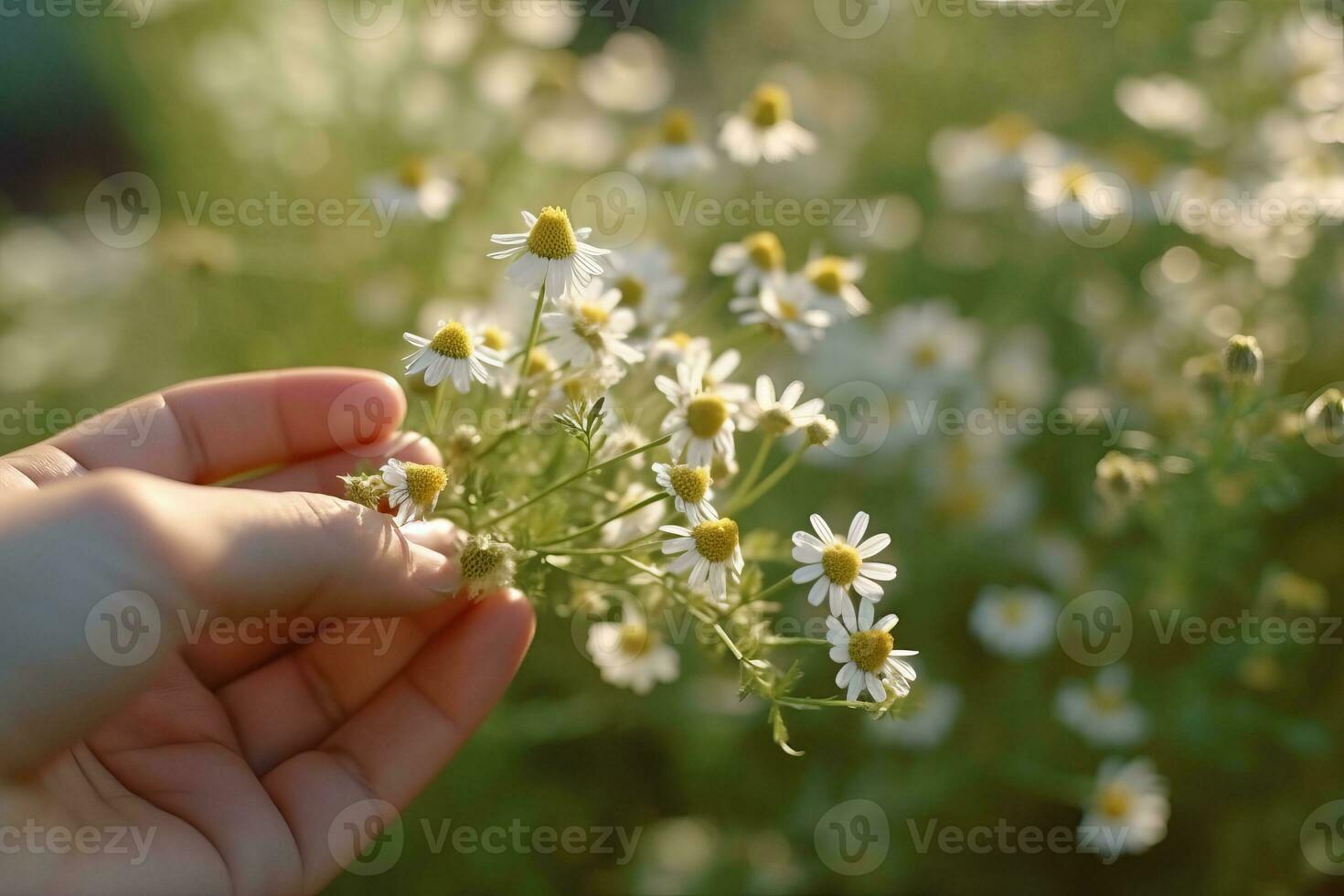 un mano participación un manzanilla flor en contra un borroso natural  fondo, representando el humano conexión con naturaleza y el curación  propiedades de manzanilla. generativo ai 31547870 Foto de stock en Vecteezy