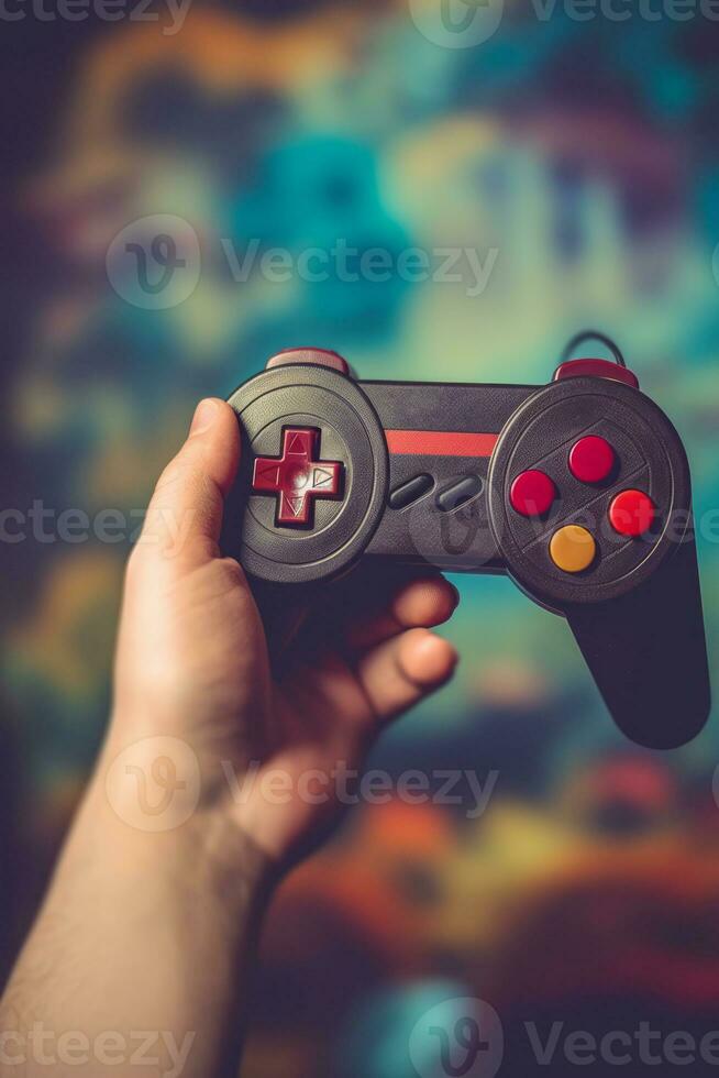 A close-up shot of a person hands holding a retro game controller, evoking the nostalgia of 90s video gaming. Generative Ai photo