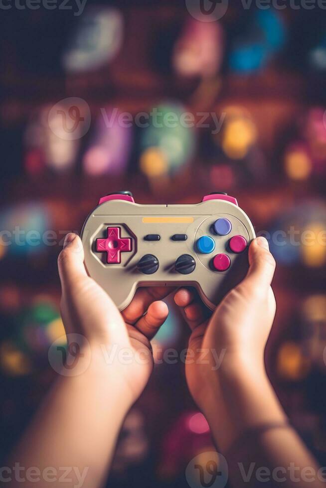 A close-up shot of a person hands holding a retro game controller, evoking the nostalgia of 90s video gaming. Generative Ai photo