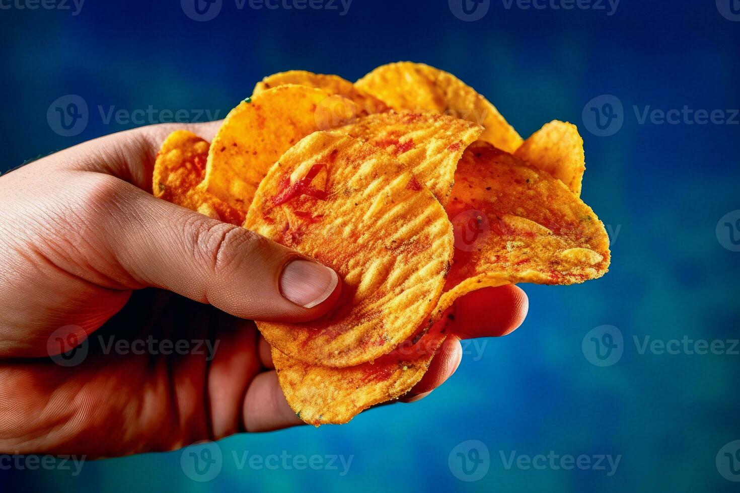 Hand holding a crisp, fresh chip, with vibrant colors and textures that emphasize its crunchy and savory qualities. Generative AI photo