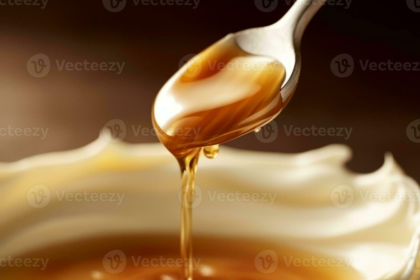 A close-up shot of a spoon dipping into a container of yogurt with a swirl of honey on top. Generative Ai photo