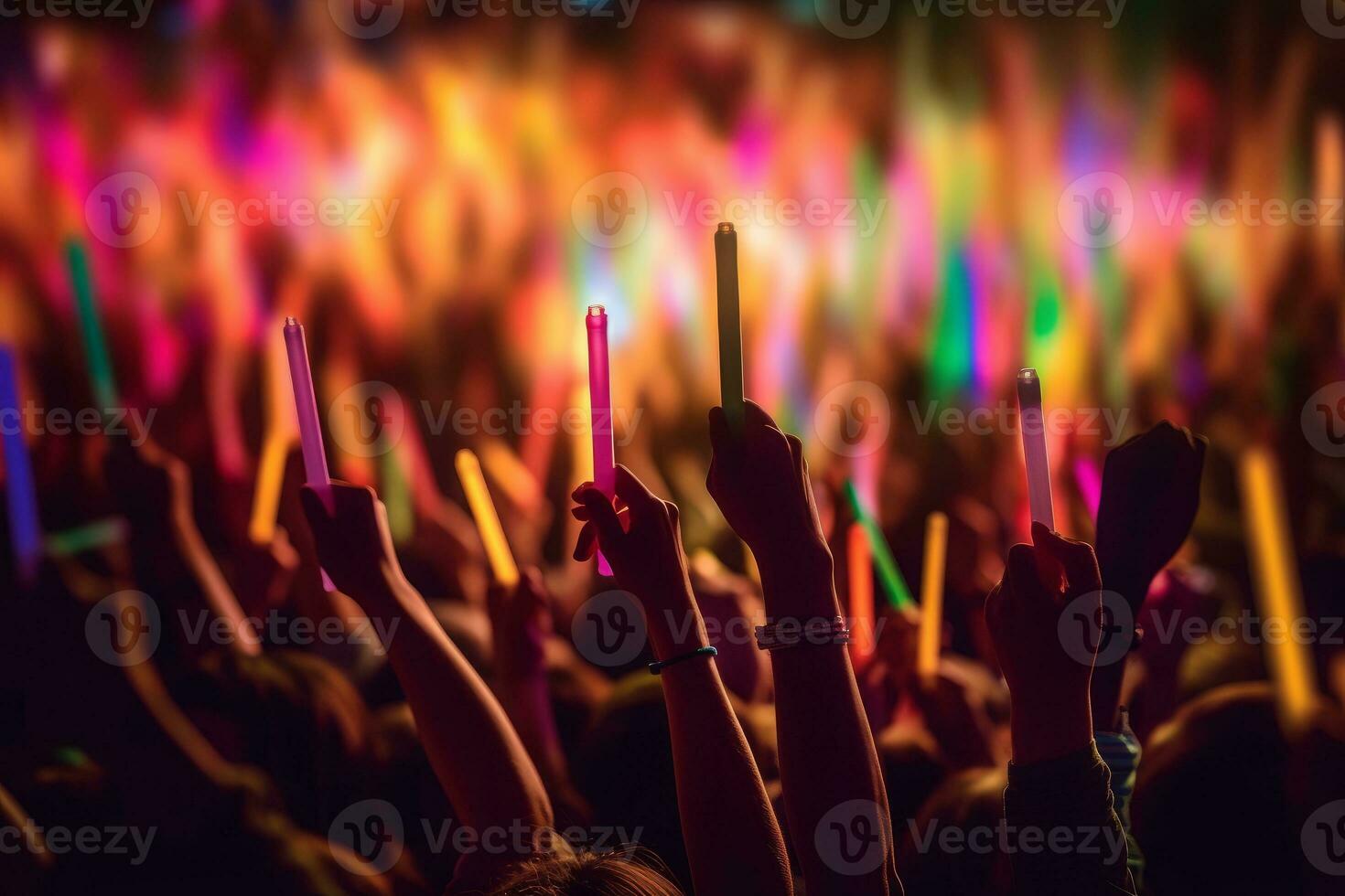 A close-up shot of hands holding glow sticks in the air at a rave party with a blurry crowd of people dancing in the background. Generative Ai photo