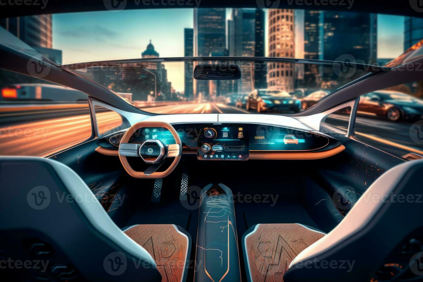 A close-up shot of the self-driving car's interior, showcasing the advanced dashboard display and comfortable seating. Concept convenience and comfort that self-driving cars can offer. Generative AI photo