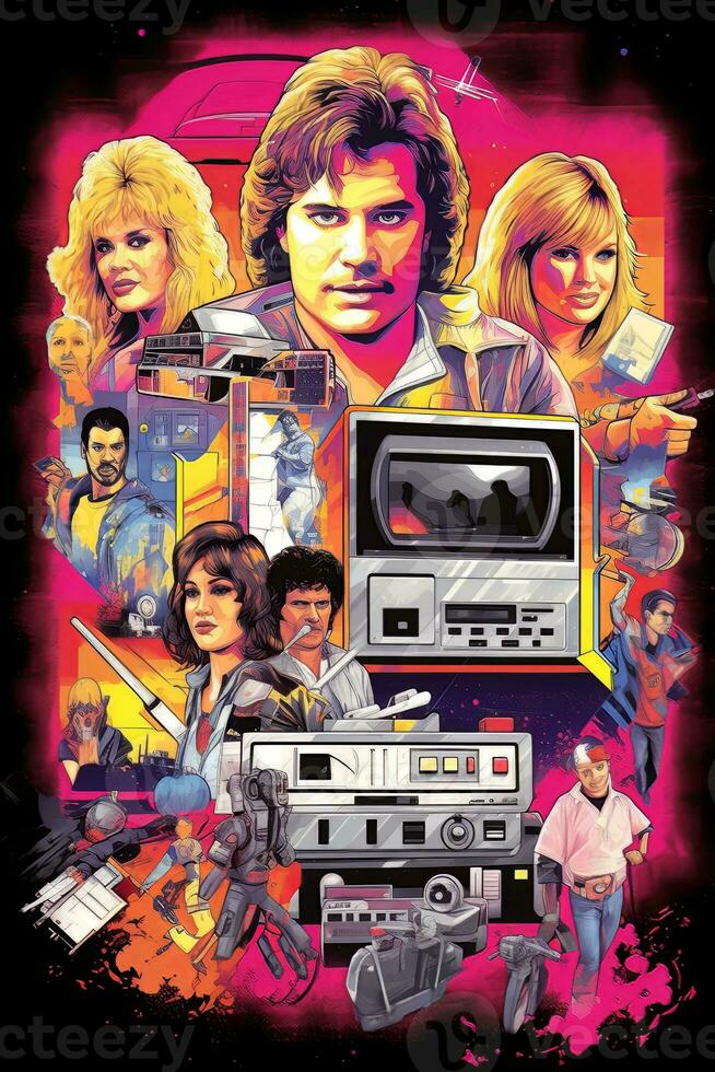 A collage of 80s pop culture icons such as arcade games, boomboxes, Rubik's cubes, and VHS tapes, capturing the nostalgia of the era.Generative AI photo
